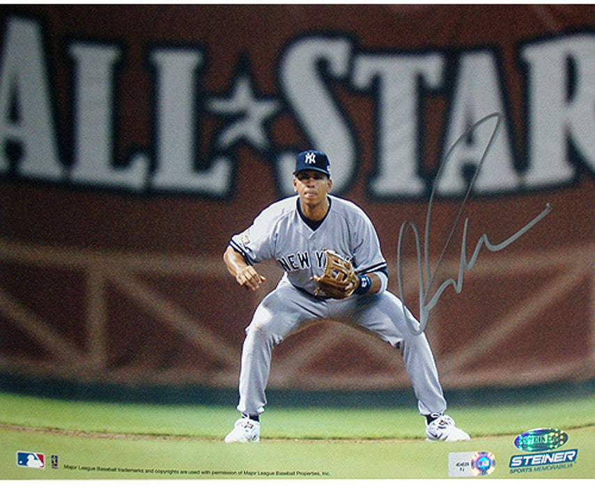 Alex Rodriguez Fielding w/ All Star in Background Horizontal 8x10 Photo (MLB Auth) (Signed in Silver)