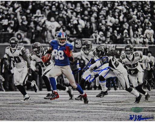 Hakeem Nicks Signed Catch and Run vs Falcons Horizontal BW with Color Accents 8x10 Photo Signed by William Hauser