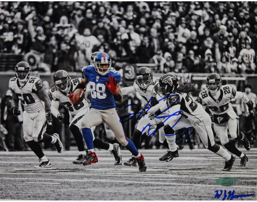 Hakeem Nicks Signed Catch and Run vs Falcons Horizontal B&W with Color Accents 8x10 Photo (Signed by William Hauser)