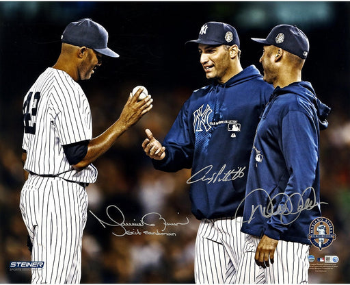 Mariano Rivera Mound Close Up Hand Ball To Pettitte Jeter Triple Signed At Yankee Stadium 16x20 Metallic Photo w/ Exit Sandman Inscription by Rivera