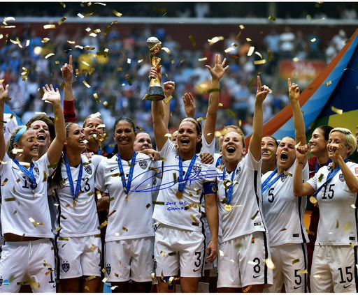 Christie Rampone Signed Team USA 2015 Womens World Cup Final Champions Trophy Celebration 16x20 Photo w/ 2015 WC Champs Insc