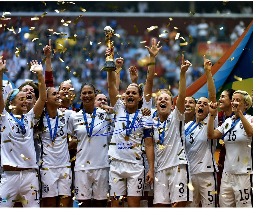 Christie Rampone Signed Team USA 2015 Womens World Cup Final Champions Trophy Celebration 16x20 Photo w/ 2015 WC Champs Insc