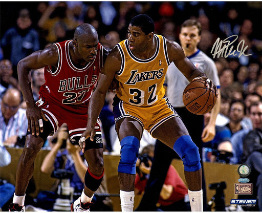 Magic Johnson Signed Posting Up Michael Jordan 16x20 Photo