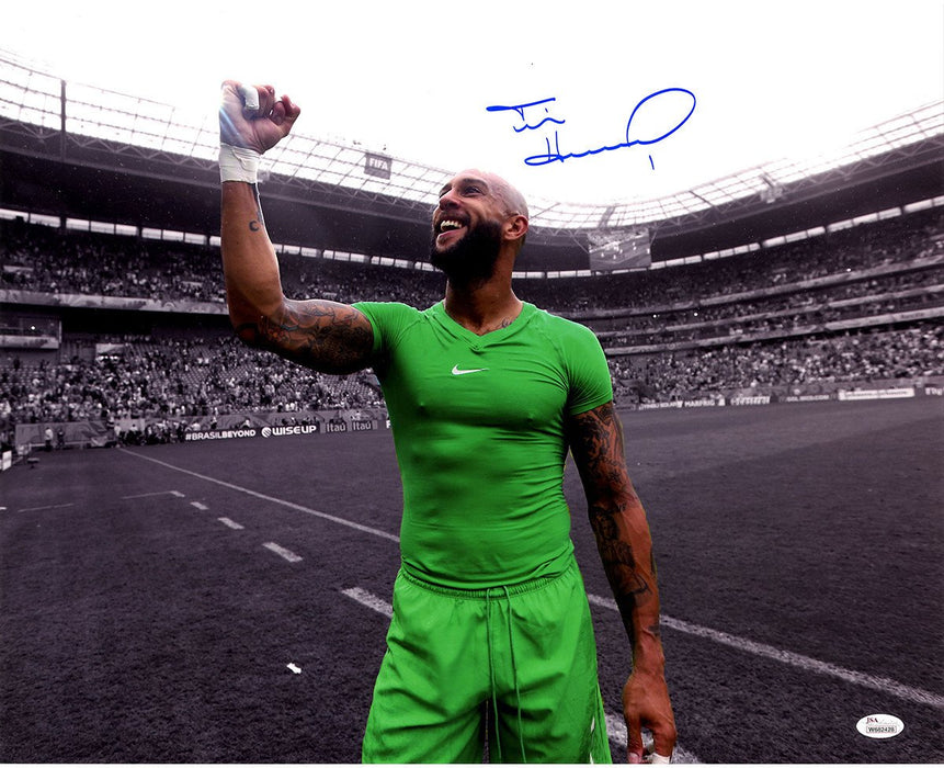 Tim Howard Signed USA Green Jersey Pump Fist with Black Background 16x20 Photo (JSA Auth)