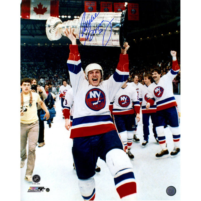 Mike Bossy Signed Cup Over Head 16X20 Photo