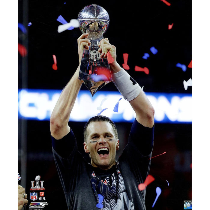 Tom Brady Unsigned Superbowl 51 20x24 with Trophy Photo AATU021