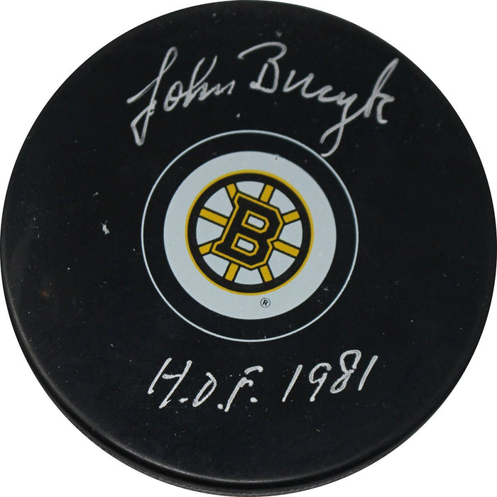 Johnny Bucyk Autographed Bruins Puck w/ "HOF 1981" Insc (SSM)