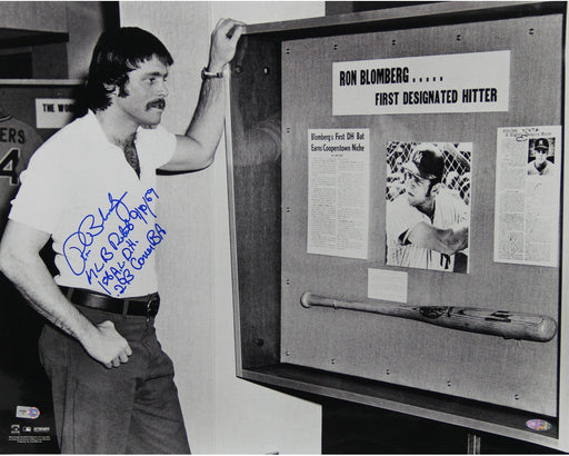 Ron Blomberg Standing by Display Commemmorating Him As The MLB's First Designated Hitter Horizontal B&W 16x20 Photo w/ MLB Debut  1st AL DH  .293 Career BA" Insc. (MLB AUTH)