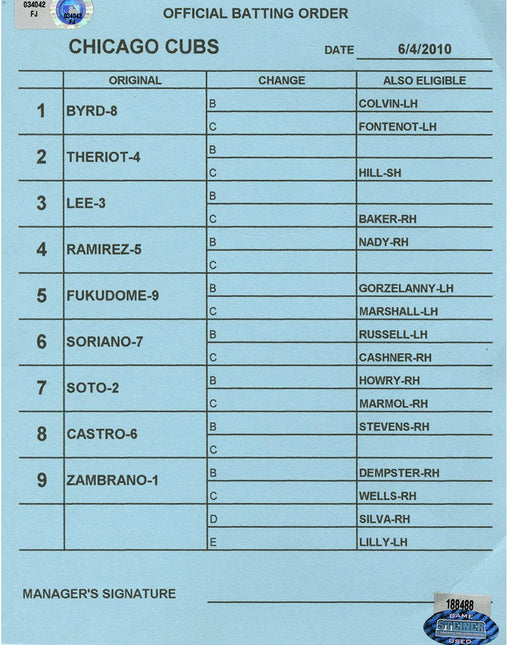 Chicago Cubs at Houston Astros 6-4-2010 Blue Game Used Line-up Card  (FJ034042)