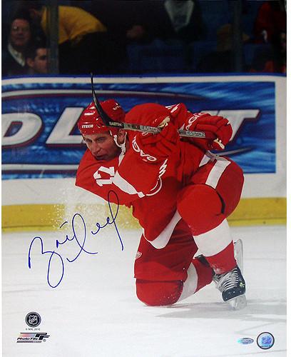 Brett Hull Red Wings Red Jersey Slap Shot Vertical 16x20 Photo