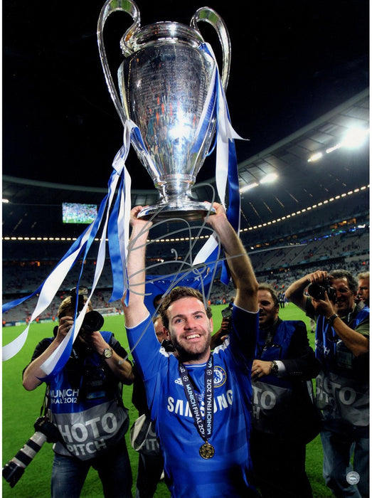 Juan Mata Signed Cup Overhead Chelsea 12x16  Photo: UEFA Champions League Winners ( Icons Auth & Third Party Holo)