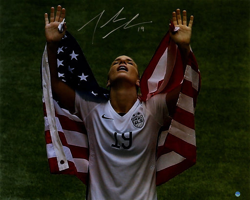 Julie Johnston Signed 2015 Women's World Cup w/ Flag Over Shoulders 16x20 Photo