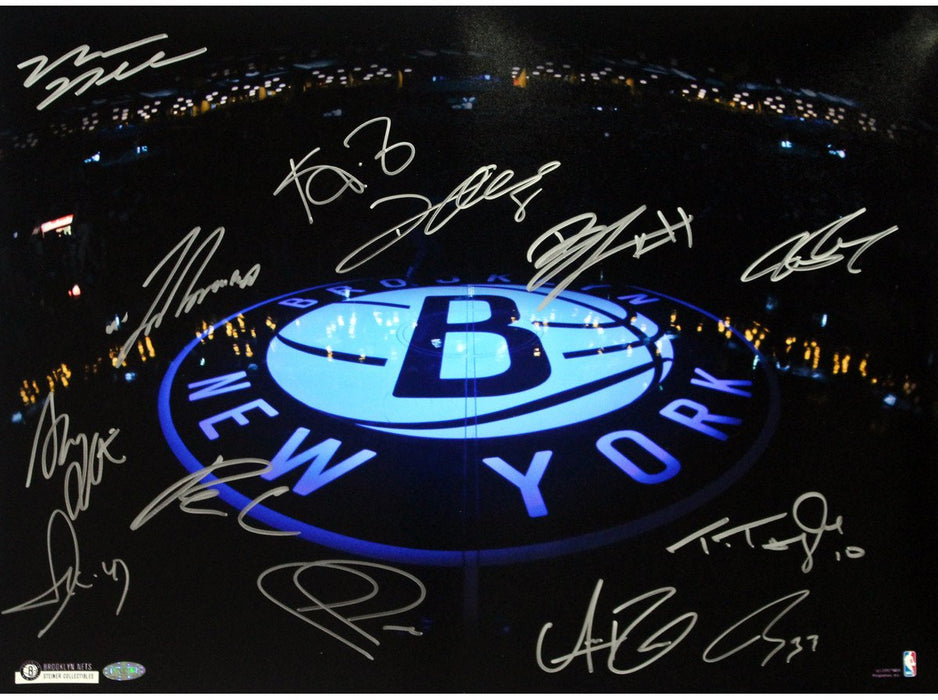 Brooklyn Nets Team Signed “B” Logo Lit Up on Dark Court 16x20 Photo