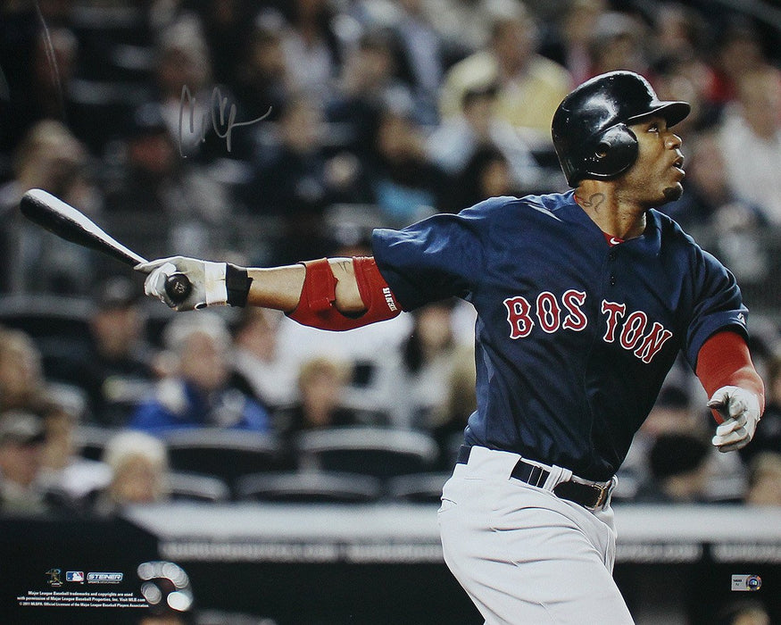 Carl Crawford Boston Red Sox Blue Jersey Hit Horizontal 16x20 Photo (MLB Auth)