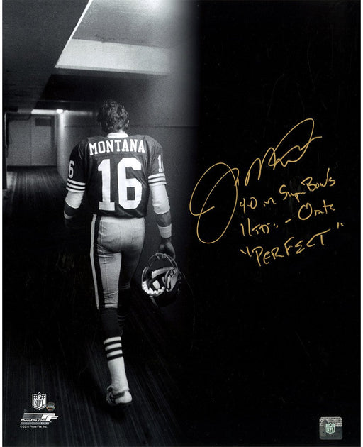 Joe Montana Signed 'Tunnel' Spotlight 16x20 Photo w/ "4-0 in Super Bowls  11TD's- 0INT's  Perfect" Inscription