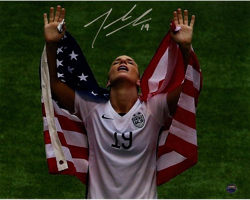 Julie Johnston Signed 2015 Women's World Cup w/ Flag Over Shoulders 8x10 Photo