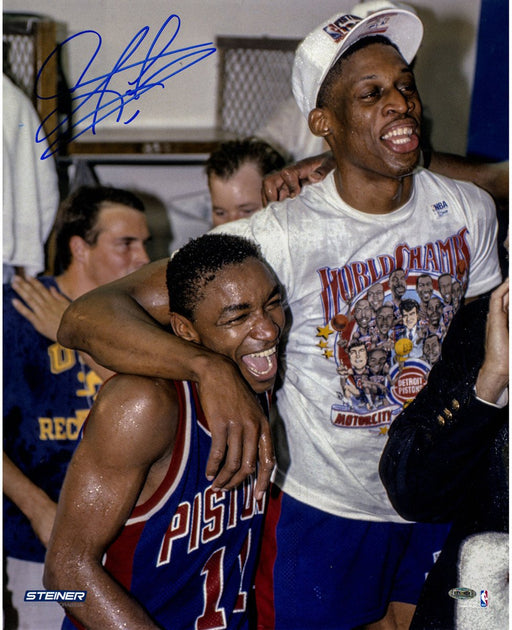 Dennis Rodman Celebrating w/ Isiah Thomas Signed 16x20 Photo