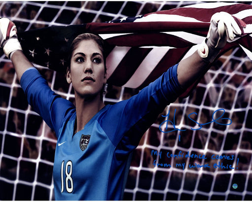 Hope Solo Signed Standing in Net 16x20 Photo w/ "My Confidence Comes From My Work Ethic" Insc.