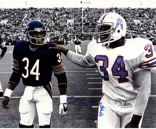 Earl Campbell Single Signed Walking With Walter Payton B/W  16x20 Photo w/ HOF Insc.