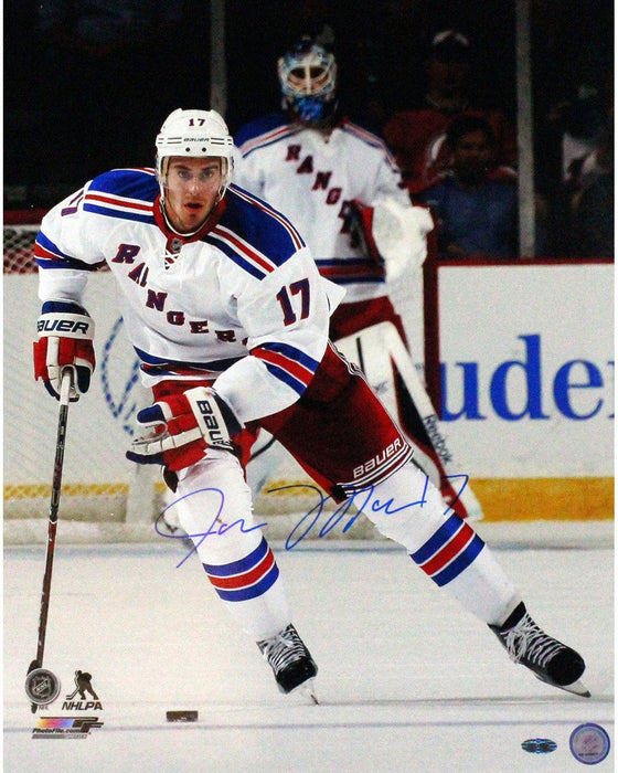 John Moore New York Rangers White Jersey Signed Vertical 8x10 Photo