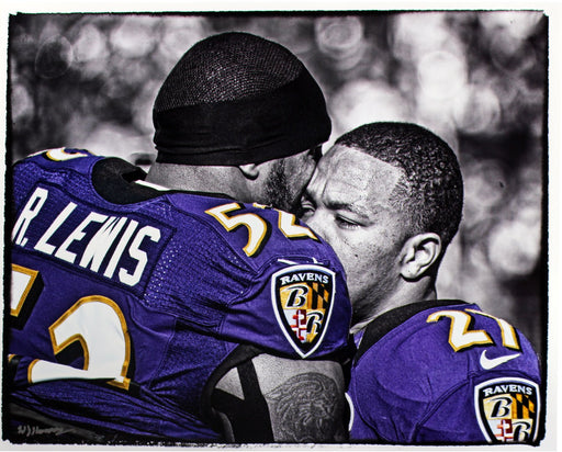 Ray Lewis and Ray Rice B/W with Color Accents Hugging 16x20 Uns Hauser Photo (Signed by William Hauser)