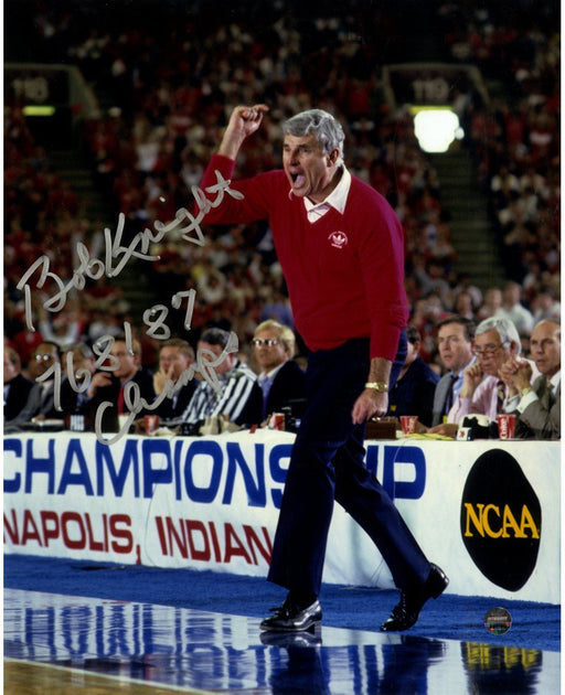 Bob Knight Signed Yelling 8x10 Photo w/ 76 81 87 Champs Insc