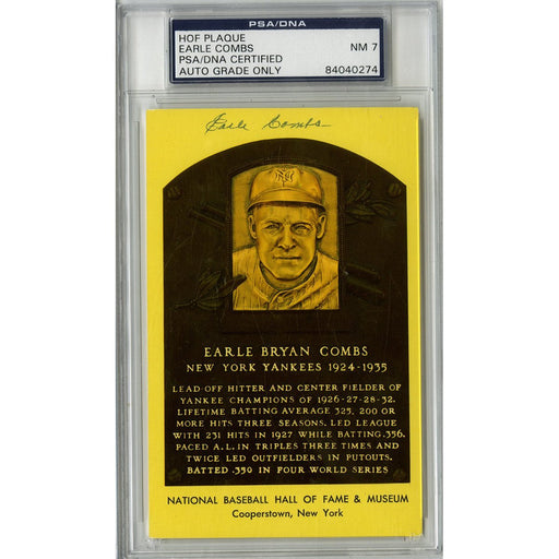 Earle Combs Signed HOF Plaque Postcard PSA/DNA Graded 7