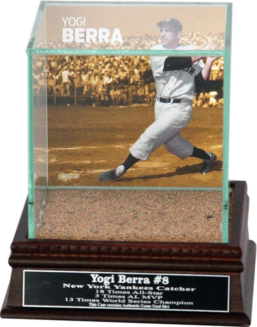 Yogi Berra Swinging Background Glass Single Baseball w/ Yankee Stadium Authentic Dirt & Nameplate