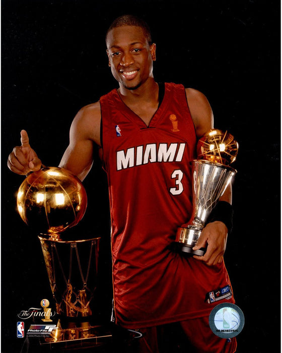 Dwyane Wade Miami With 2006 Finals Trophy and MVP Trophy 8x10 Photo (PF)