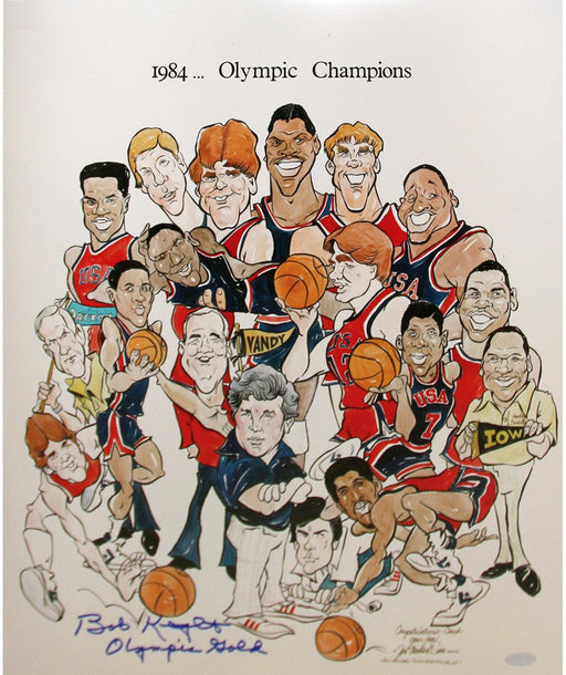 Bob Knight 1984 Olympic Champions Cartoon Signed 16x20 Photo w/ “Olympic Gold” insc