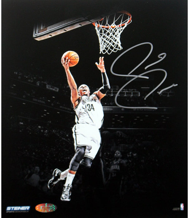 Paul Pierce Signed Brooklyn Nets Jumping Toward Basket Dark Background 8x10 Photo