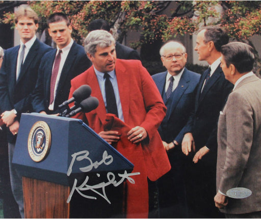 Bob Knight Signed Standing At Podium 8x10 Photo (Signed In Silver)