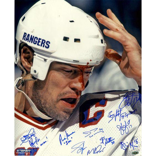 1994 New York Rangers Multi Signed and  Mark Messier Blood 16x20 Metallic Photo w/ Inscriptions by Davidson  Zubov  Keenan and Leetch (Signed in Blue) (11 sigs)