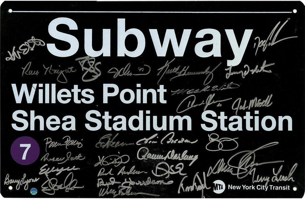 1986 New York Mets Team Signed NYC Metal Subway Sign - 7 Train Shea Stadium Station/Willets Point 27 SignaturesImperfect