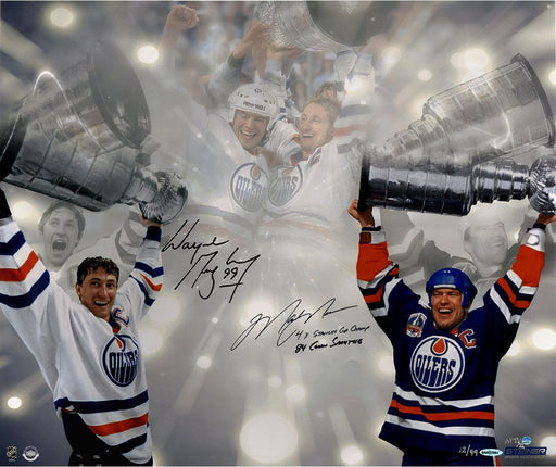 Wayne Gretzky/Mark Messier Dual Signed Stanley Cup 16x24 Photo w/ 4X Stanley Cup Champs 84 Conn Smythe Insc AP LE/11 UDA LE/99