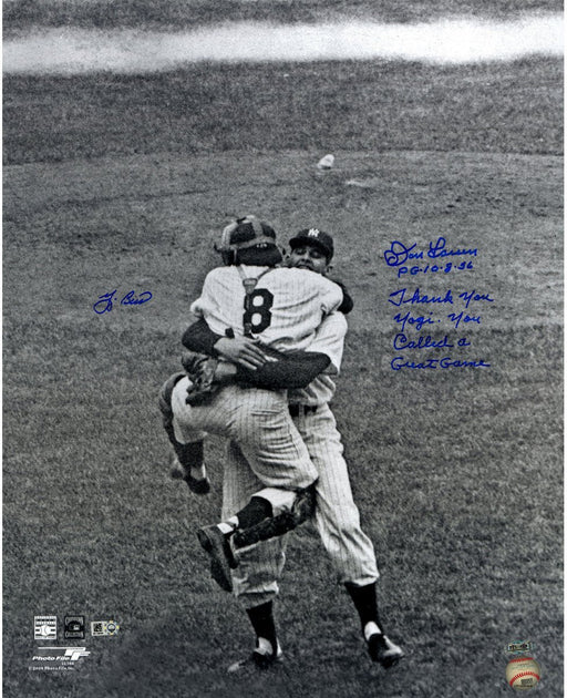 Yogi Berra Don Larsen Dual Signed Close-Up Hug 16x20 w/ PG Thank You Yogi You Called a Great Game Insc Inscribed by Larsen MLB Auth