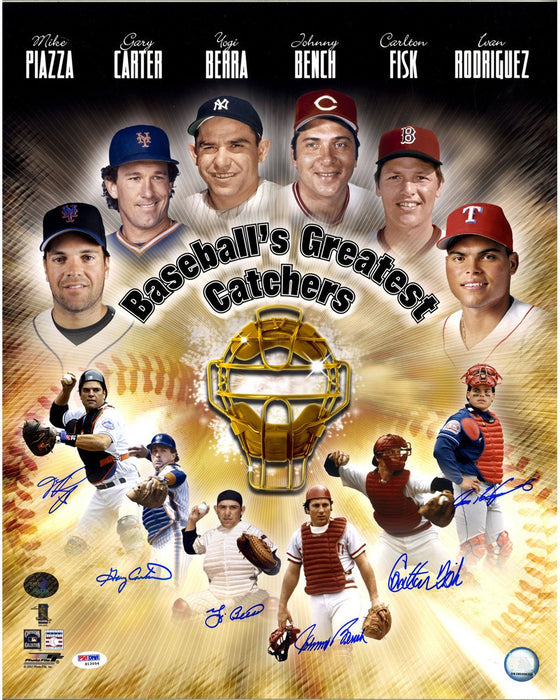 Catching Greats Multi Signed 16x20 Collage Photo (Berra  Carter  Fisk  Bench  Rodriguez  Piazza) (PSA/DNA Holo)