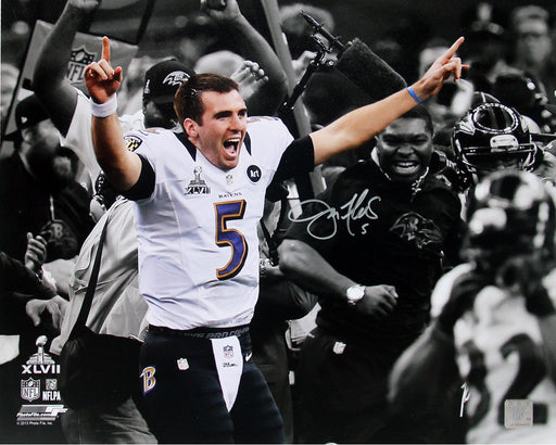 Joe Flacco Celebrating Super Bowl XLVII B/W With Color Accents Signed 16x20 Photo (PF)