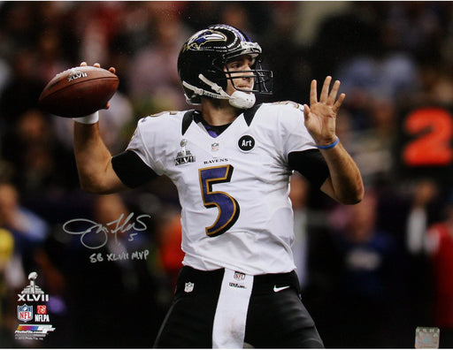 Joe Flacco Throwing Ball During Super Bowl XLVII 16x20 Photo w/ “SB XLVII MVP” insc (PF)