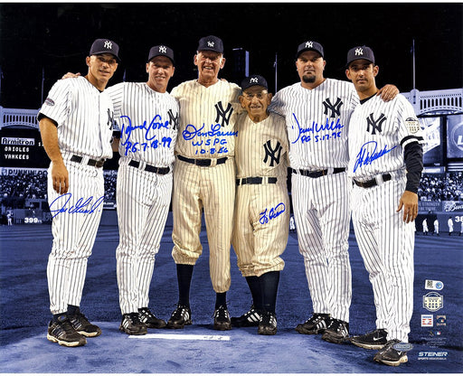 Final Game at Yankee Stadium Perfect Game Battery Mates Signed Metallic Blue Background 16x20 Photo w/ PG Insc (MLB Auth) (6 Signatures)