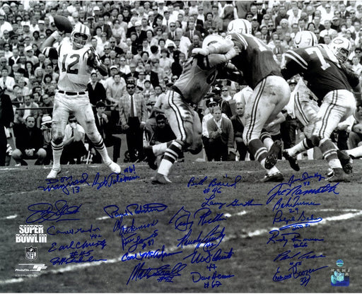 1969 New York Jets Team Signed Super Bowl III Joe Namath Throwing Motion BW 16X20 Photo 24 Signature