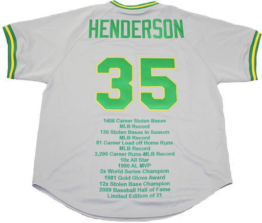 Rickey Henderson Signed Grey Throwback A’s Jersey w/ Embroidered Stats (Use in Frame Only)