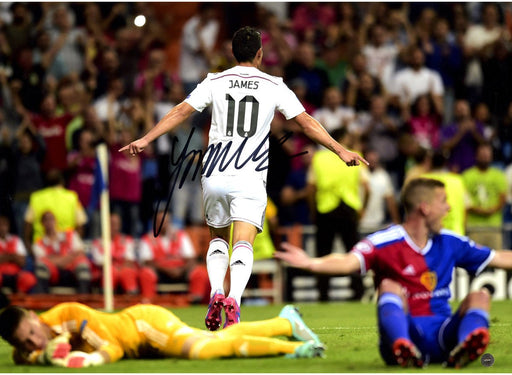 James Rodriguez Signed Real Madrid Back View Celebration 12x16 Photo: Deportivo Goal ( Icons Auth & Third Party Holo)