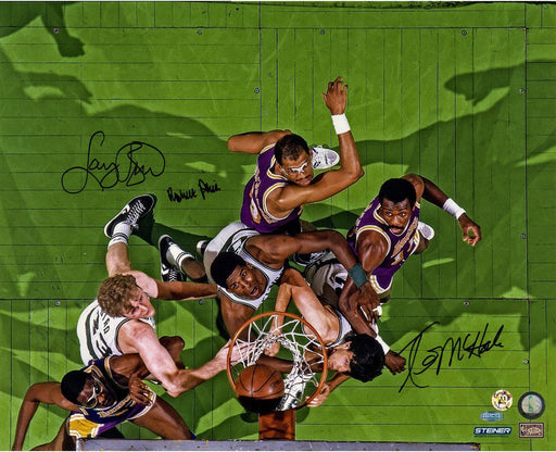 Robert Parish/Larry Bird/Kevin McHale Triple Signed Boston Celtics vs Los Angeles Lakers Aerial View 16x20 Photo