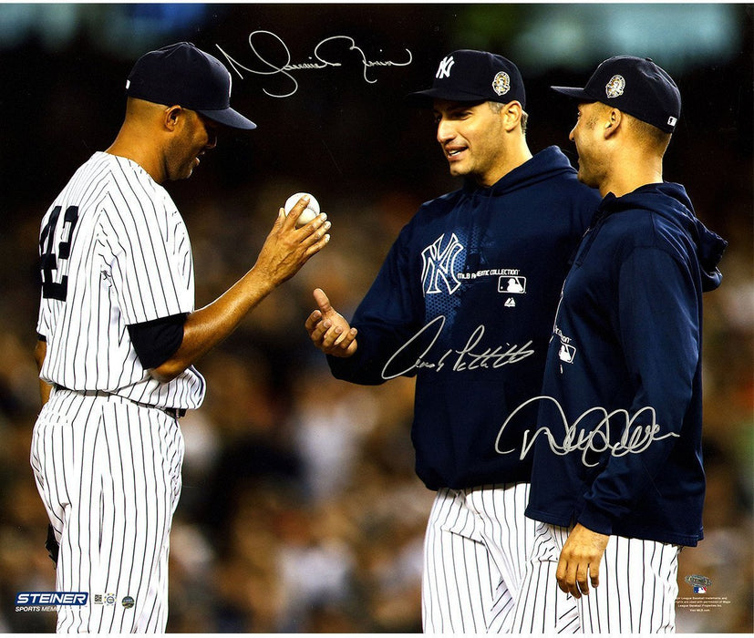 Derek Jeter Andy Pettitte Mariano Rivera Close Up On Mound Triple Signed 20x24 Photo MLB Auth