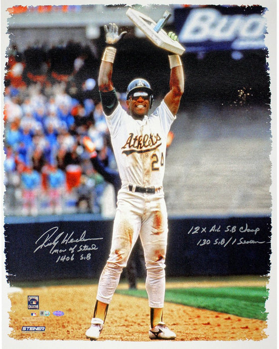 Rickey Henderson Signed 20x24 Canvas w/ "Man of Steal  1406 SB  12x All Star  12x AL SB Champ  130 SB/1 Season" insc