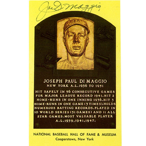 Joe DiMaggio Signed Yellow Baseball Hall of Fame Plaque Card (JSA Auth)