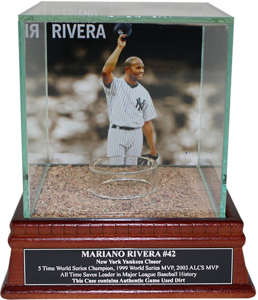 Mariano Rivera "Tip Cap" Background Glass Single Baseball w/ Yankee Stadium Authentic Dirt & Nameplate