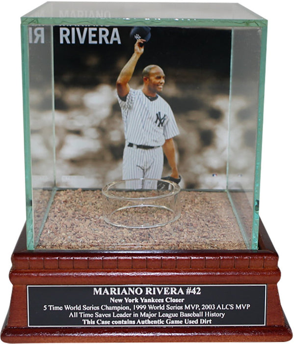Mariano Rivera "Tip Cap" Background Glass Single Baseball w/ Yankee Stadium Authentic Dirt & Nameplate