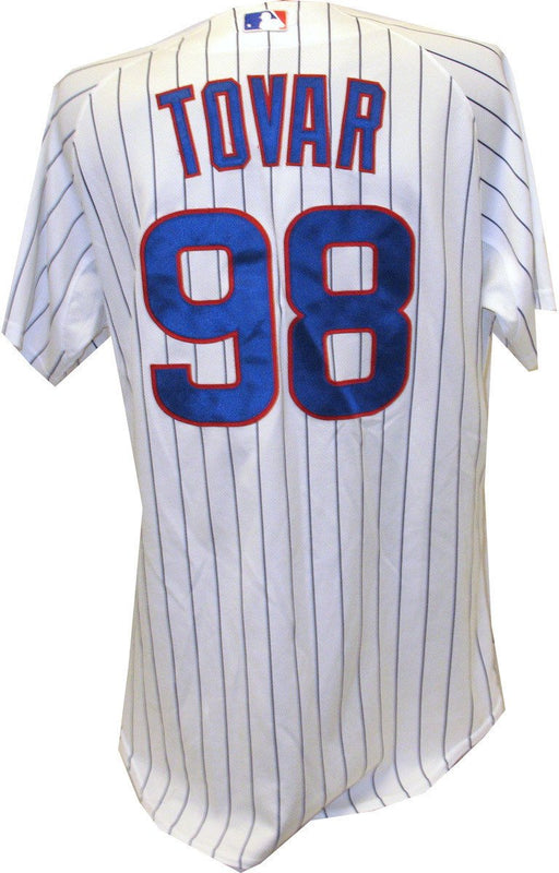 Edgar Tovar (BP Catcher) Jersey - Chicago Cubs 2011 Game Worn #98 Spring Training Home Pinstripe Cool Base  Jersey (48)